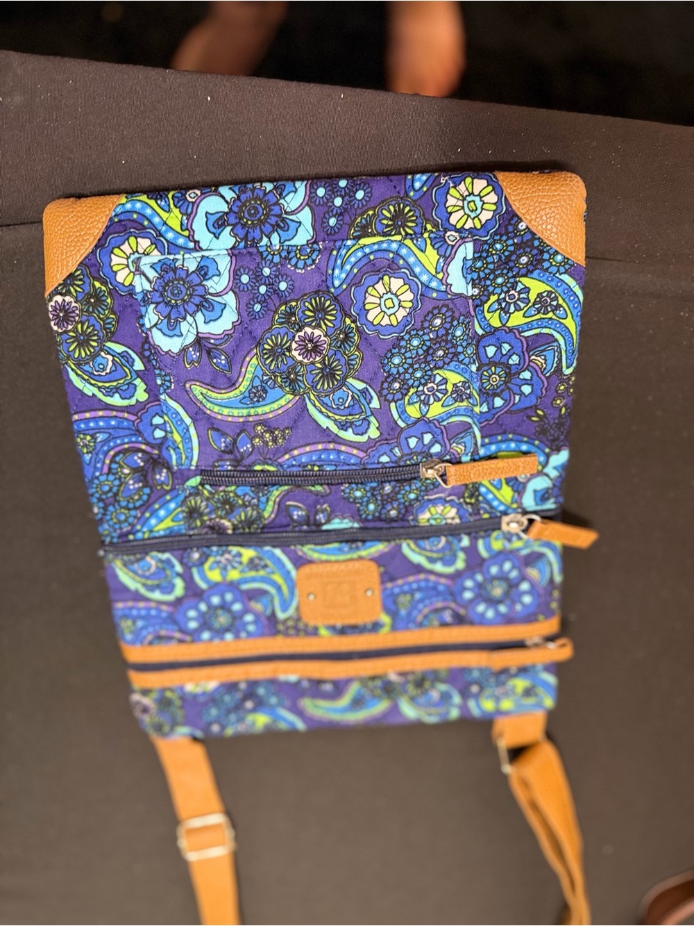 Blue Floral Crossbody Bag with Tan Trim